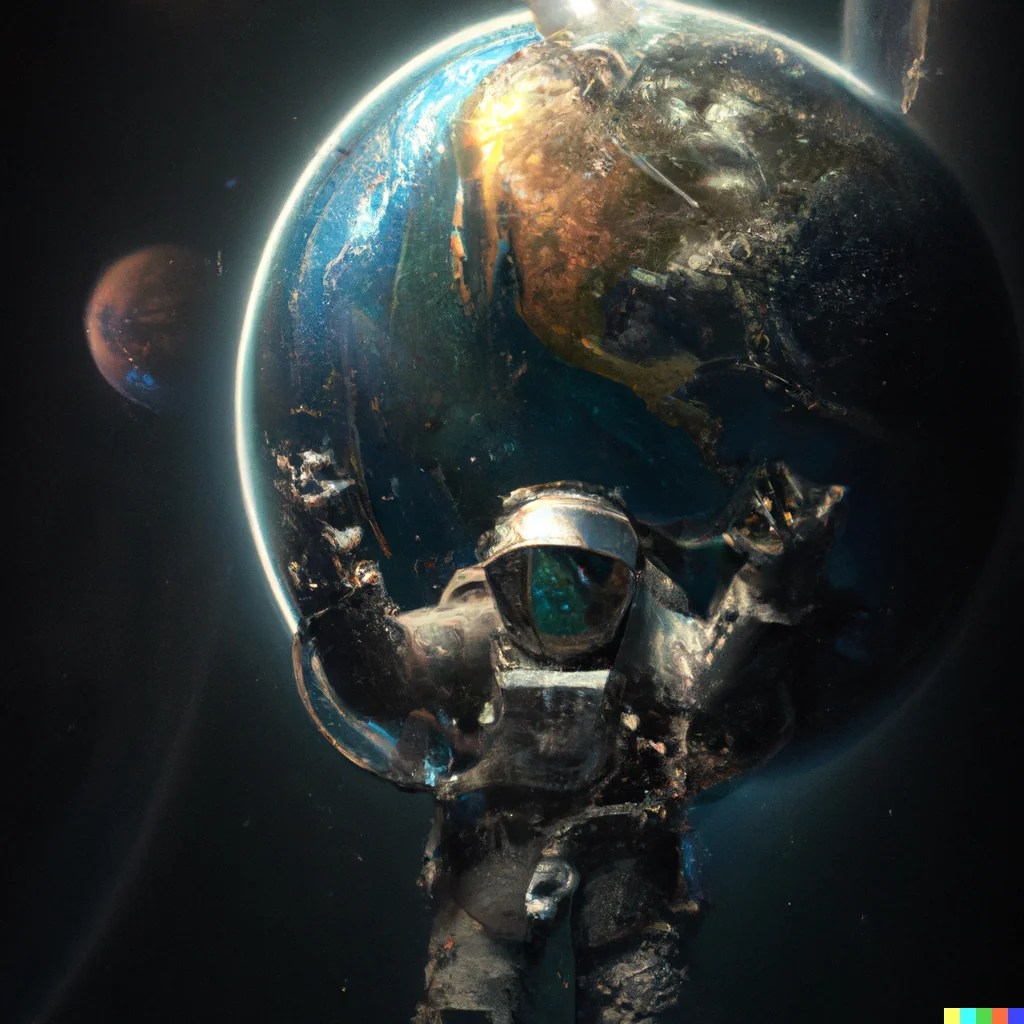 A giant astronaut holding the Earth on the shoulders digital art. Credits: Dalle2 (https://www.reddit.com/r/dalle2/)
