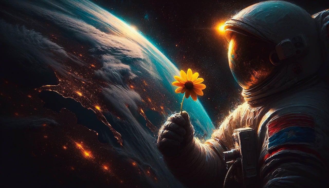 Astronaut looking at the Earth with a flower. Credits: Chil Vera from Pixabay