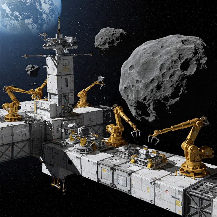 A futuristic vision of space-based industry, where robotic arms mine asteroids for resources to produce goods in orbit. Credits: Gemini AI