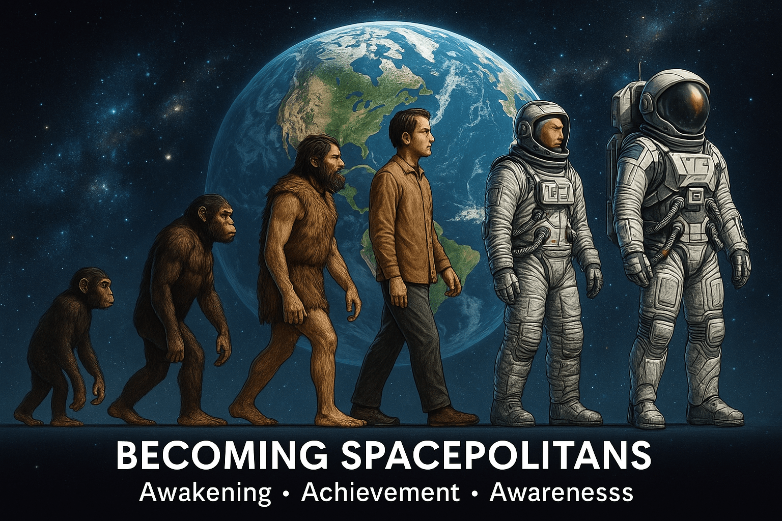 From Earthbound origins to cosmic citizens, a journey through human evolution. AI-generated by ChatGPT (TARS)